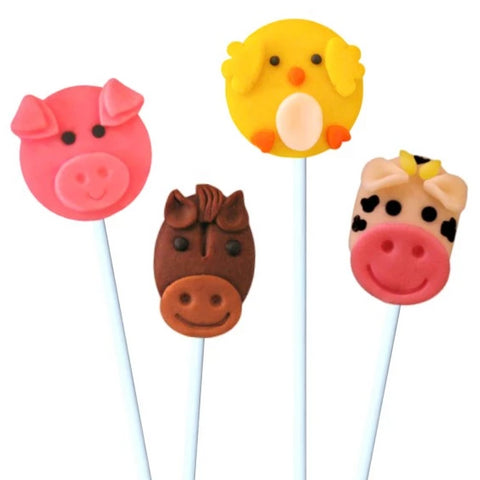 farm animals with cow, chick, pig and horse marzipan candy lollipops