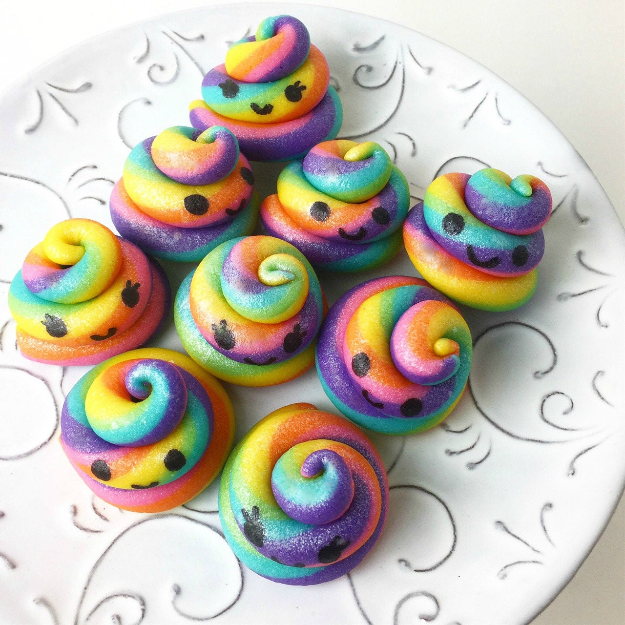 kawaii rainbow unicorn poop marzipan candy sculpture treats with happy faces