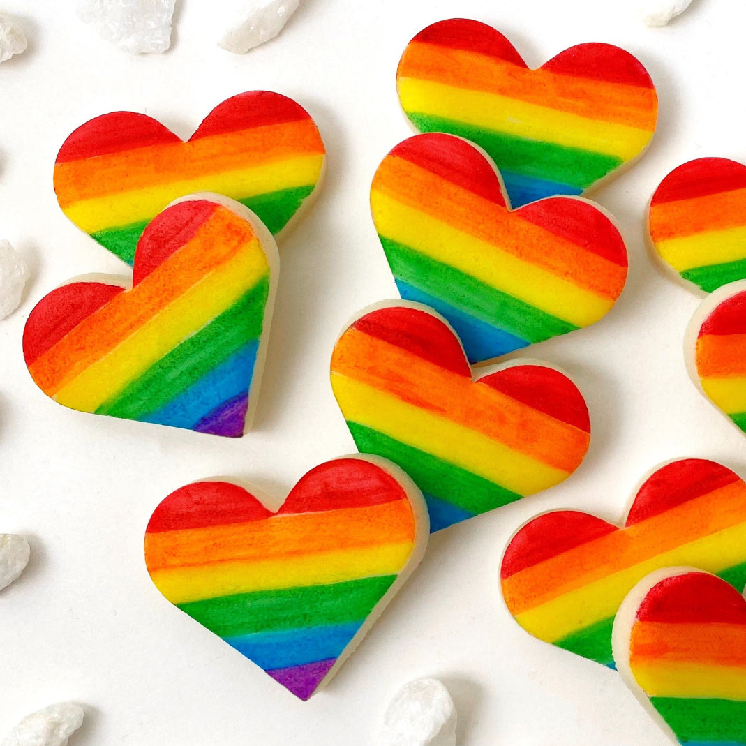rainbow gay pride heart marzipan candy tiles  closeup
