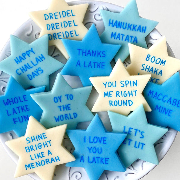 star of David Hanukkah conversation tiles marzipan candy gift closeup