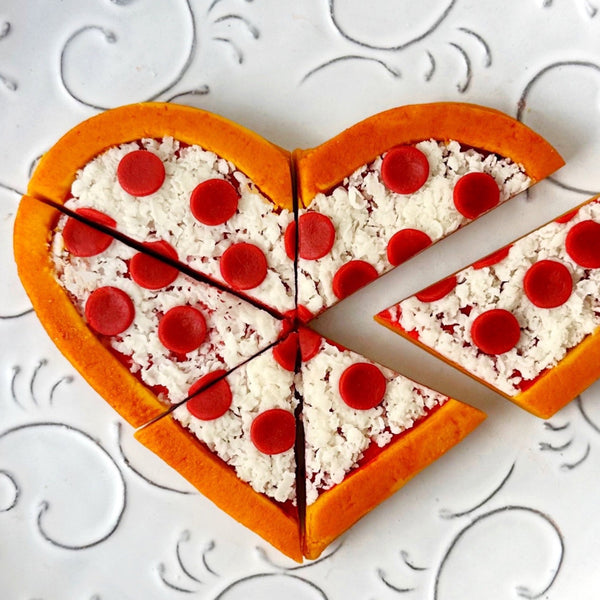 heart shaped marzipan pizza closeup