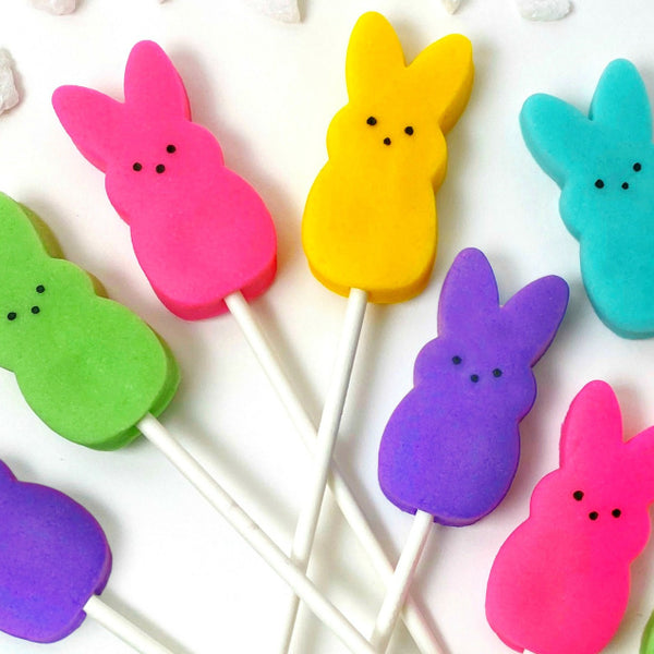 rainbow peeps Easter bunnies marzipan candy lollipops close up