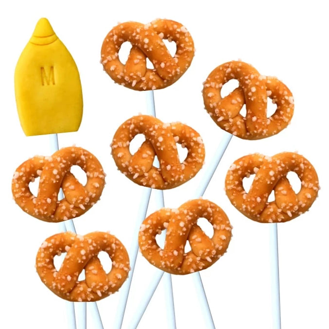 pretzels and mustard marzipan candy lollipops