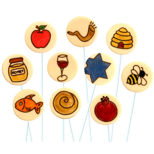 Rosh Hashanah hand-painted symbols with challah, apple, honeypot and pomegranate marzipan candy lollipops