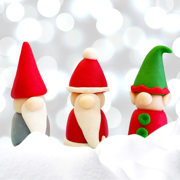Christmas gnome, santa and elf trio marzipan candy sculpture treats