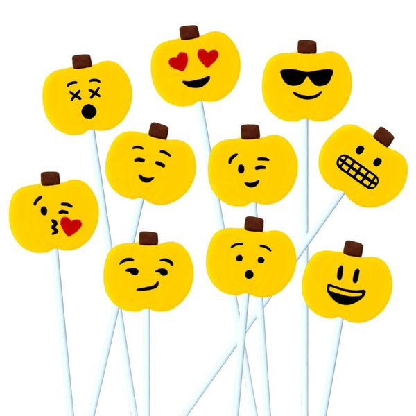 Thanksgiving yellow emoji pumpkins marzipan candy lollipops